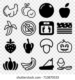 Diet icons set. set of 16 diet filled and outline icons such as orange, pepper, floor scales, pumpkin, treadmill, strawberry, mushroom, banana, apple, boiled egg