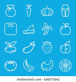 Diet icons set. set of 16 diet outline icons such as beet, eggplant, apple, strawberry, pumpkin, treadmill, carrot, lemon, banana, turkey, sack, floor scales