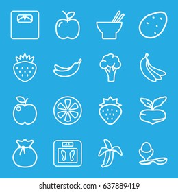 Diet icons set. set of 16 diet outline icons such as strawberry, potato, beet, cauliflower, floor scales, banana, asian food, boiled egg, lemon, banana, apple