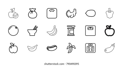 Diet icons. set of 18 editable outline diet icons: orange, floor scales, lemon, sack, apple, hot dog, asian food, protein powder, banana, turkey, pepper, eggplant