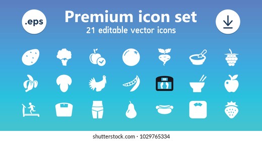 Diet icons. set of 21 editable filled diet icons includes mushroom, strawberry, potato, orange, pear, porridge, treadmill, apple, asian food, floor scales, peas, turkey, beet