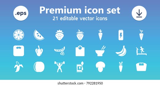 Diet icons. set of 21 editable filled diet icons includes mushroom, strawberry, peas, pepper, treadmill, asian food, floor scales, carrot on fork, floor scale, banana