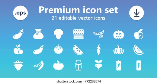 Diet icons. set of 21 editable filled diet icons includes mushroom, carrot, peas, eggplant, waist fitness, protein powder, raspberry, pumpkin, apple, pumpkin haloween