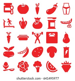 Diet icons set. set of 25 diet filled icons such as mushroom, potato, pear, beet, peas, cabbage, pepper, eggplant, apple, cauliflower, baby food, treadmill, boiled egg
