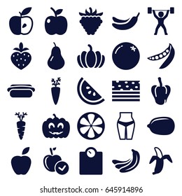 Diet icons set. set of 25 diet filled icons such as orange, pear, banana, pepper, apple, banana, lemon, raspberry, pumpkin, carrot, lemon, peas, strawberry, pumpkin haloween