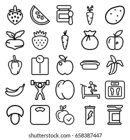Diet icons set. set of 25 diet outline icons such as mushroom, potato, carrot, peach, beet, pepper, baby food, treadmill, floor scales, apple, banana, strawberry, banana