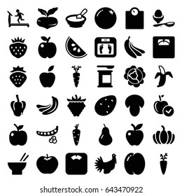 Diet icons set. set of 36 diet filled icons such as mushroom, strawberry, potato, carrot, orange, pear, peach, beet, banana, peas, cabbage, pepper, apple, porridge, treadmill