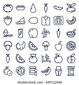 Diet icons set. set of 36 diet outline icons such as mushroom, carrot, pear, peach, beet, banana, cabbage, apple, cauliflower, baby food, porridge, treadmill, floor scales