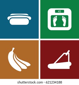 Diet icons set. set of 4 diet filled icons such as floor scales, treadmill, hot dog