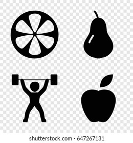 Diet icons set. set of 4 diet filled icons such as pear, lemon, power lifter