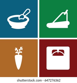 Diet icons set. set of 4 diet filled icons such as porridge, floor scales, treadmill