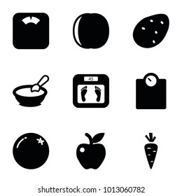 Diet icons. set of 9 editable filled diet icons such as potato, orange, porridge, floor scales, floor scale, apple, carrot