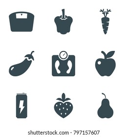 Diet icons. set of 9 editable filled diet icons such as eggplant, apple, carrot, strawberry, pear, pepper, protein powder, floor scale