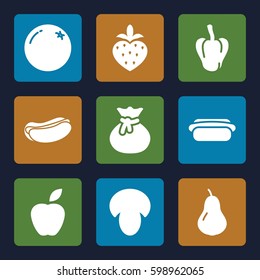 diet icons set. Set of 9 diet filled icons such as mushroom, orange, pear, pepper, hot dog, strawberry, sack