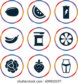 Diet icons set. set of 9 diet filled icons such as cabbage, Banana, Lemon, lemon, strawberry, watermelon, waist fitness