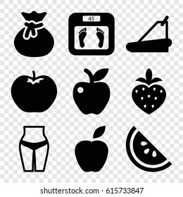 Diet icons set. set of 9 diet filled icons such as apple, floor scales, treadmill, strawberry, watermelon, sack