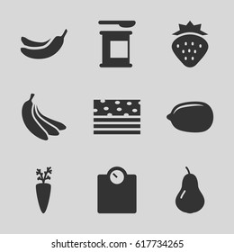 Diet icons set. set of 9 diet filled icons such as strawberry, pear, Banana, Lemon, banana, protein powder, carrot on fork, piece of cake