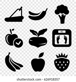 Diet icons set. set of 9 diet filled icons such as beet, cauliflower, floor scales, apple, Banana, strawberry, treadmill