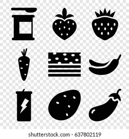 Diet icons set. set of 9 diet filled icons such as potato, carrot, eggplant, banana, strawberry, protein powder