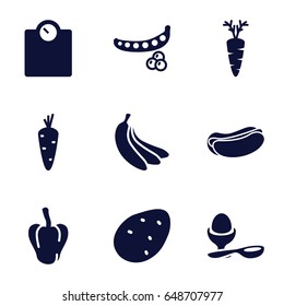Diet icons set. set of 9 diet filled icons such as potato, carrot, peas, pepper, hot dog, boiled egg, banana