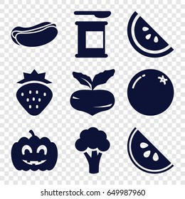 Diet icons set. set of 9 diet filled icons such as strawberry, orange, beet, cauliflower, hot dog, pumpkin haloween, watermelon
