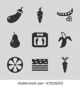Diet icons set. set of 9 diet filled icons such as carrot, pear, peas, eggplant, floor scales, lemon, banana