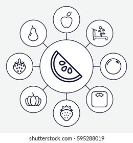 diet icons set. Set of 9 diet outline icons such as strawberry, orange, pear, treadmill, pumpkin, watermelon, apple