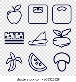 Diet icons set. set of 9 diet outline icons such as mushroom, beet, apple, floor scales, treadmill, banana, watermelon