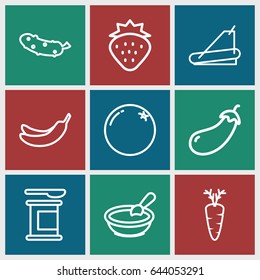 Diet icons set. set of 9 diet outline icons such as strawberry, orange, eggplant, porridge, banana, cucumber, treadmill, carrot