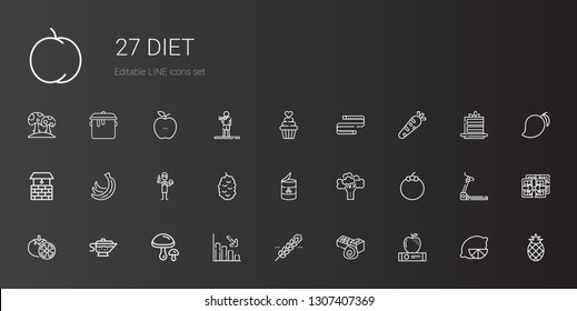 diet icons set. Collection of diet with apple, chocolate, cereal, loss, mushrooms, sauce, tomatoes, mangosteen, broccoli, peas, berry, burguer. Editable and scalable diet icons.