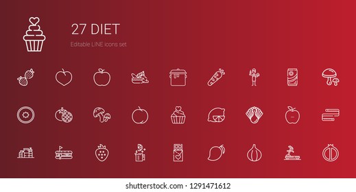 diet icons set. Collection of diet with fig, mango, chocolate, lime, strawberry, hot dog, proteins, turkey, lemon, cupcake, peach, mushroom. Editable and scalable diet icons.