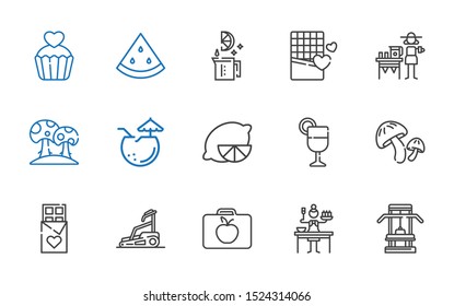 diet icons set. Collection of diet with gym, sauce, lunchbox, treadmill, chocolate, mushroom, juice, lemon, coconut, lemonade, lime, watermelon. Editable and scalable diet icons.