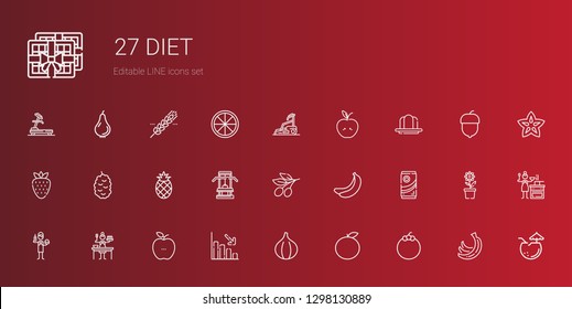 diet icons set. Collection of diet with mangosteen, orange, fig, loss, healthy food, sauce, burguer, chocolate, banana, olive, gym, pineapple. Editable and scalable diet icons.