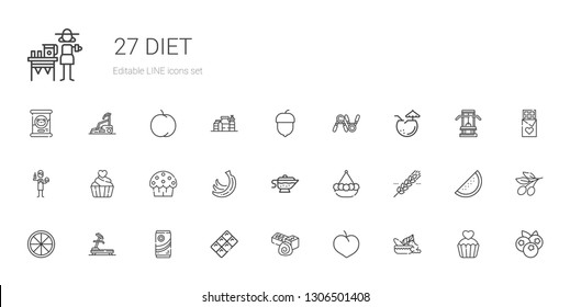 diet icons set. Collection of diet with mortar, plum, chocolate, treadmill, orange, cereal, pot, sauce, bananas, cup cake, cupcake, burguer. Editable and scalable diet icons.