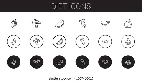 diet icons set. Collection of diet with papaya, broccoli, watermelon, carrot, cupcake. Editable and scalable diet icons.