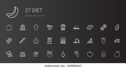 diet icons set. Collection of diet with plum, carrot, pear, coconut, olive, cake slice, mushrooms, treadmill, workout, well, fig, chocolate. Editable and scalable diet icons.
