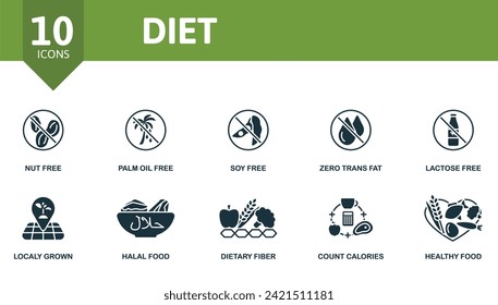 Diet icons set. Creative icons: nut free, palm oil free, soy free, zero trans fat, lactose free, localy grown, halal food, dietary fiber, count calories, healthy food.