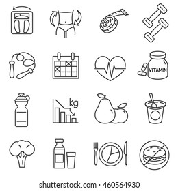 Diet icons set. Fitness and health collection. Thin line design