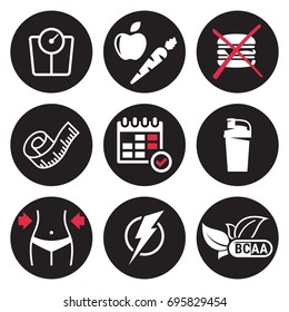 Diet icons set. White on a black background