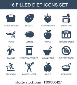 Diet Icons. Trendy 16 Diet Icons. Contain Icons Such As Floor Scales, Potato, Strawberry, Baby Food, Peas, Lemon, Apple, Banana, Protein Powder. Diet Icon For Web And Mobile.