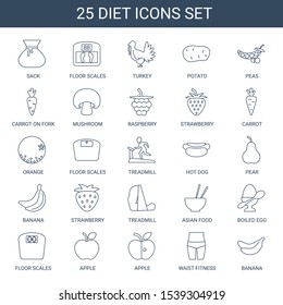 diet icons. Trendy 25 diet icons. Contain icons such as sack, floor scales, turkey, potato, peas, carrot on fork, mushroom, raspberry, strawberry. diet icon for web and mobile.