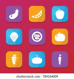 Diet icons. vector collection filled diet icons set.. includes symbols such as eggplant, pumpkin, tomato, strawberry, carrot, pea, diet. use for web, mobile and ui design.