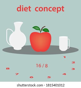 Diet Intermittent Fasting - 16 And 8 O'clock, Red Apple, White Jug, Mug - Vector.