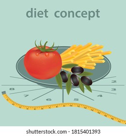 Diet Intermittent fasting - 16 and 8 hours, tomato, french fries, olives, measuring tape - vector.