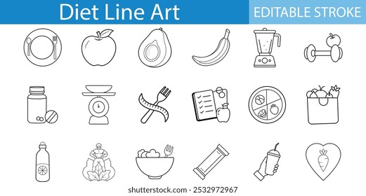 Diet Line Art Icons Editable Stroke Illustration