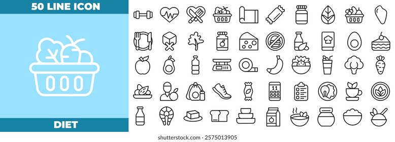 Diet Line Editable Icons set. Vector illustration in modern thin line style of diet icons: healthy food, fat, protein, vegetables, fruit, etc