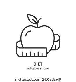 Diet line icon. Apple and measuring tape. Weight loss vector symbol. Editable stroke.