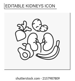 Icono de línea de dieta. Descomponer la dieta para la limpieza de órganos internos. Tratamiento del riñón por verduras y frutas. Concepto de asistencia sanitaria.Ilustración vectorial aislada.Icono editable