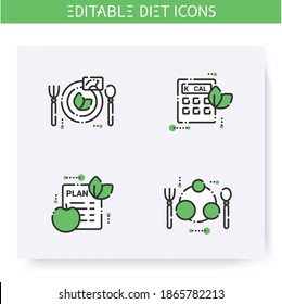 Diet line icons set. Calorie count, healthy nutrition concept. Slimming. Serving size. Weight loss. Portion control. Healthy eating. Isolated vector illustrations. Editable stroke 