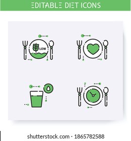 Diet line icons set. Calorie count, healthy nutrition concept. Low carb diet. Water balance. Nutrition regime. Weight loss.Portion control. Isolated vector illustrations. Editable stroke 